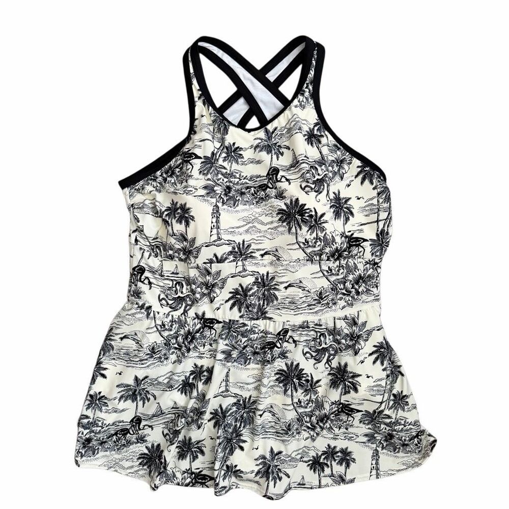 Lands End Tugless High Neck Swim Dress NWOT Plus 24W | Swimsuit Tropical Toile